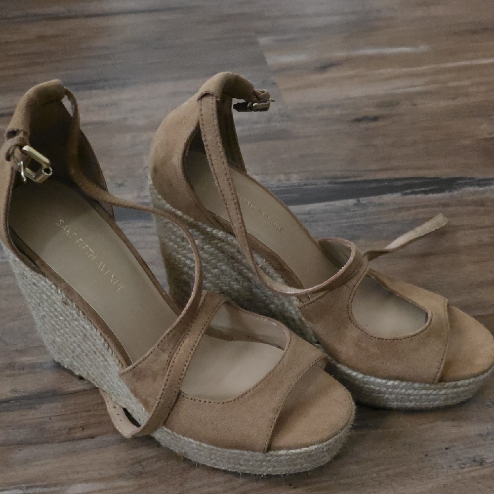 Saks Fifth Avenue Tan Espadrille Wedge Sandals